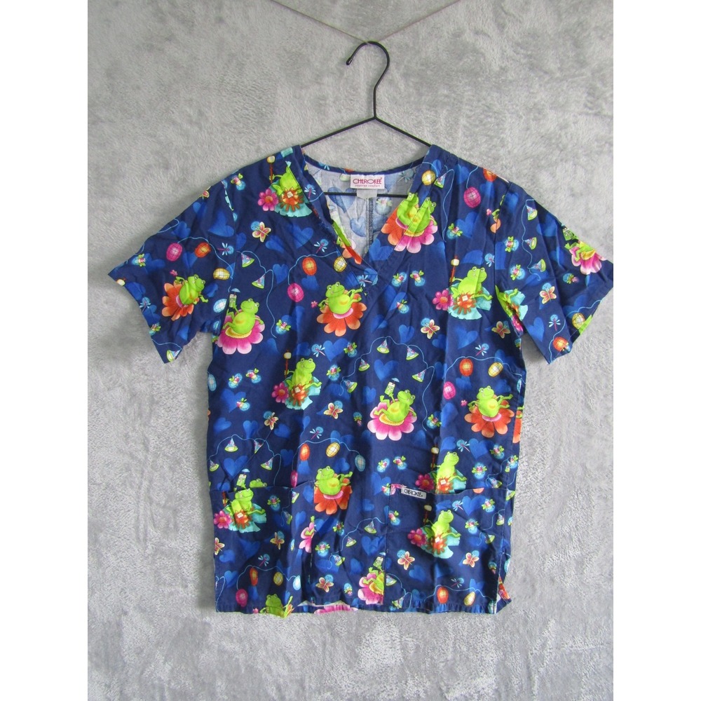 Cherokee Inspired Comfort Scrub Top Navy Blue Frog Floral Butterfly‎ V-Neck